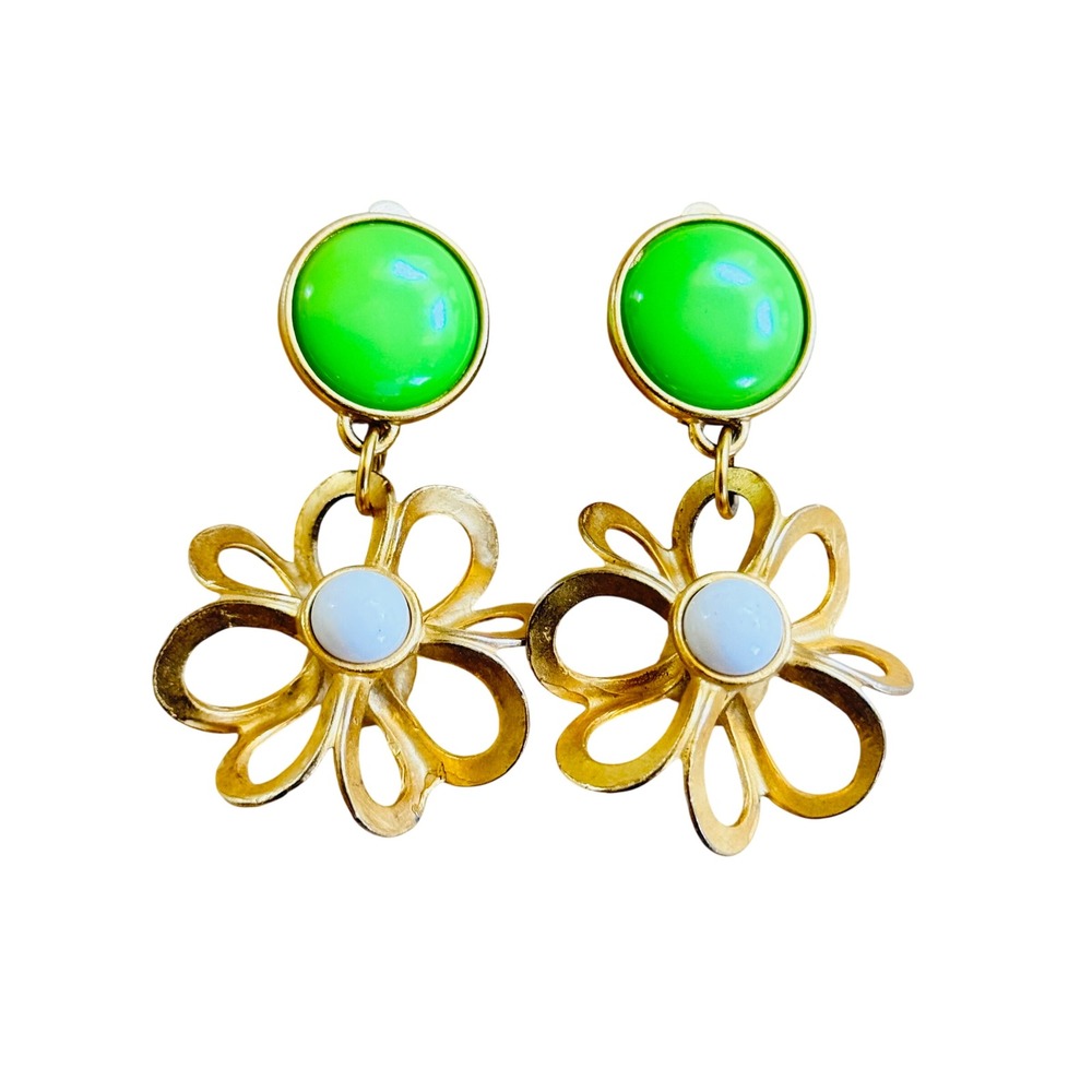 VTG Funky Flashy Flower‎ Earrings Cabochon Runway Dangle Clip Groovy Statement